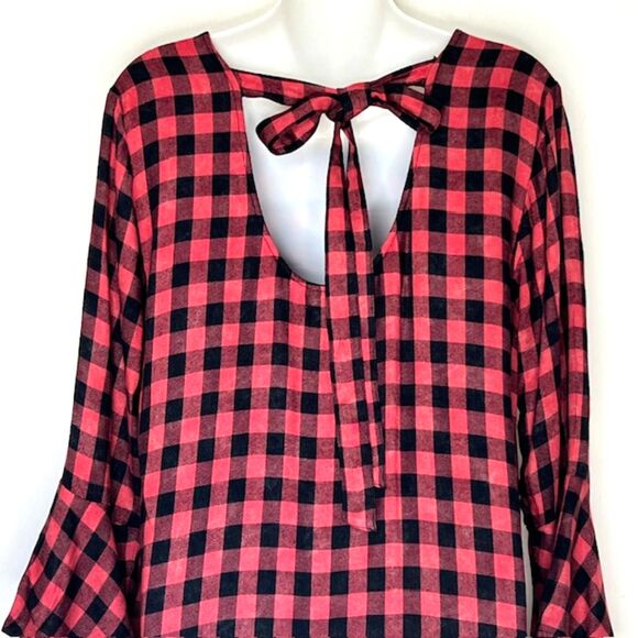 CLOTH & STONE ANTHROPOLOGIE BUFFALO PLAID SHIFT DRESS SIZE MEDIUM RUFFLED SLEEVE - Picture 10 of 11